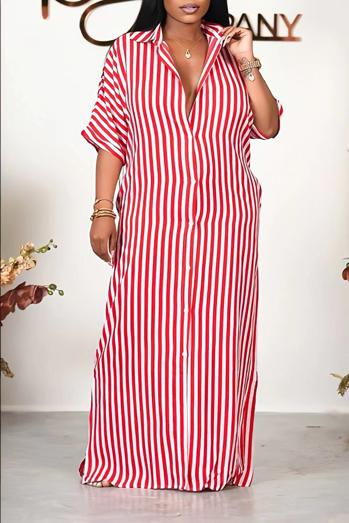 Half Sleeve Striped Loose Shirt Dress