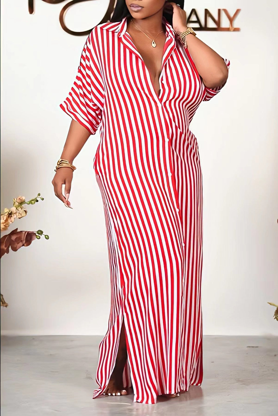 Half Sleeve Striped Loose Shirt Dress