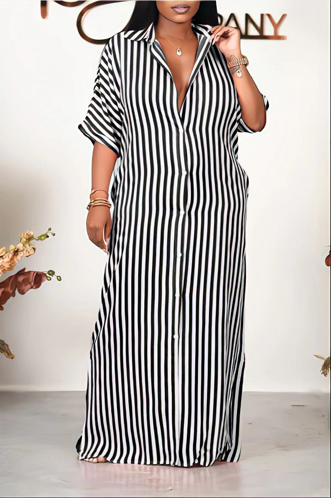 Half Sleeve Striped Loose Shirt Dress