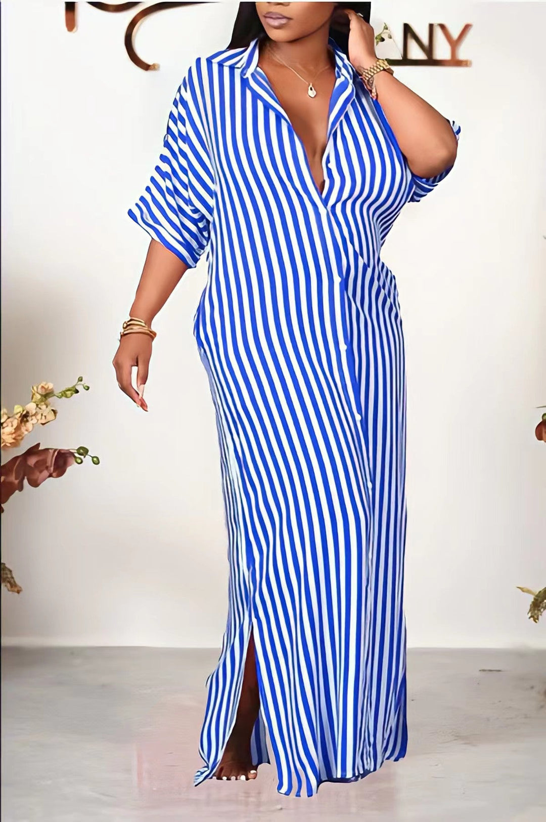 Half Sleeve Striped Loose Shirt Dress