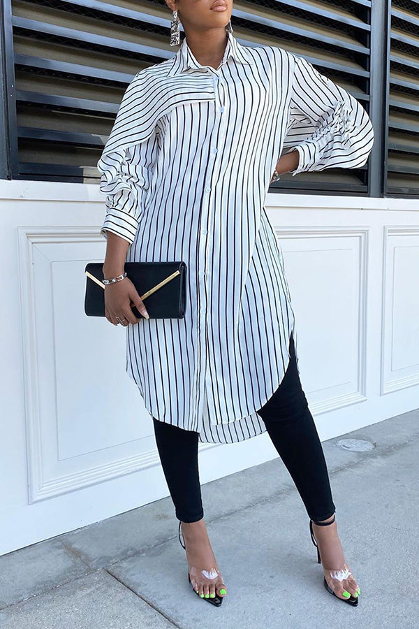 Irregular Striped Lapel Long Shirt