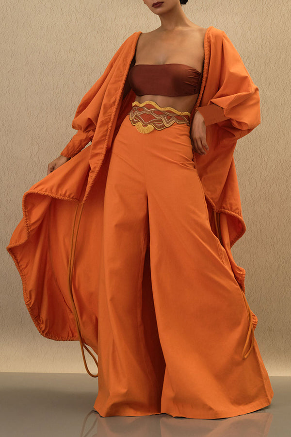 Chic Drawstring Lantern Sleeve Kimono & Oversized Pants Set