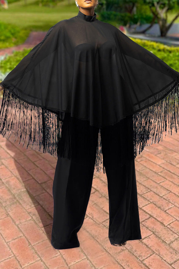 Mock Neck Batwing Fringe Top