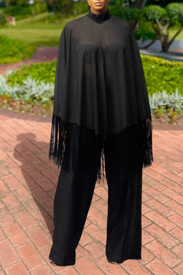 Mock Neck Batwing Fringe Top