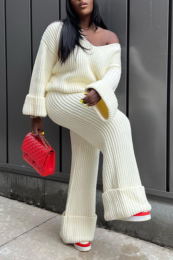  Casual Ribbed Knit Sweater & Pants Set