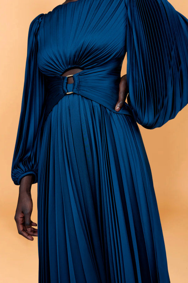 Chic Lantern Sleeve Pleated Maxi Dress