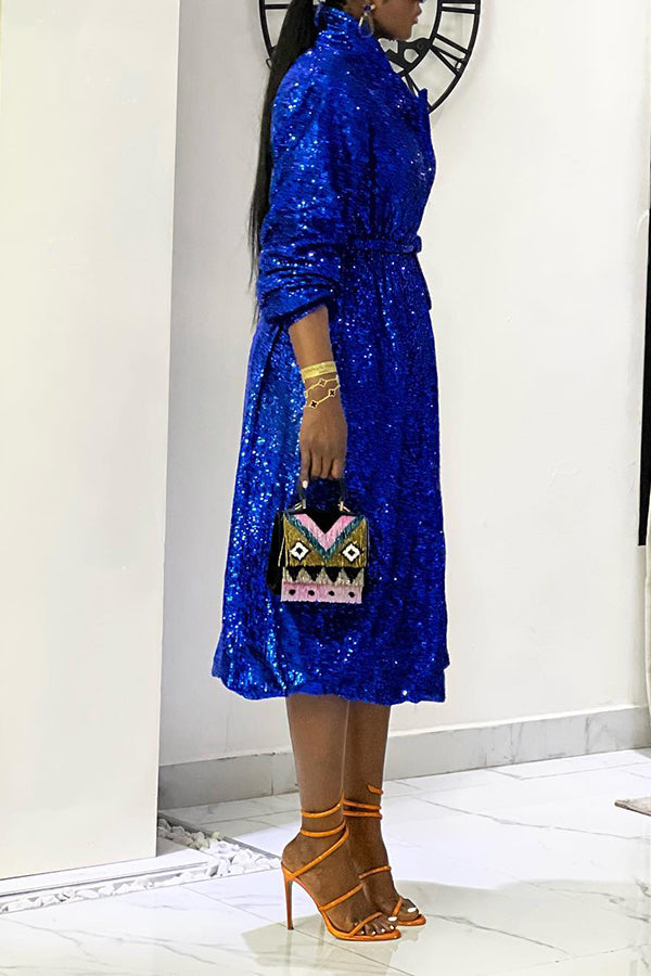 Glittery Sequin Shirt Collar Belt Midi Dress