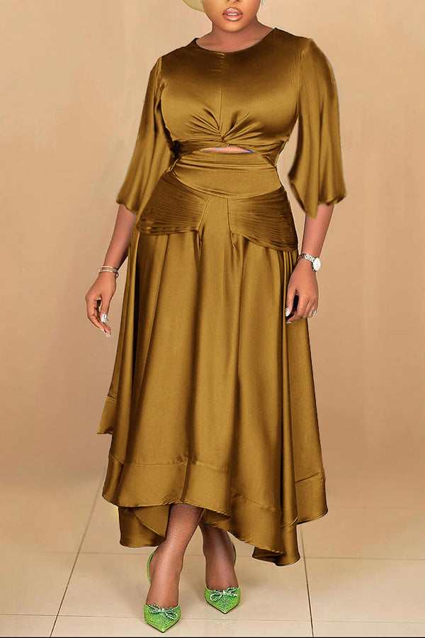 Round Neck Twist Front Asymmetrical Hem Midi Dress