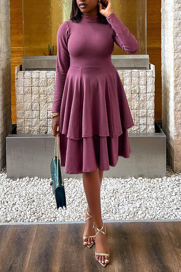 Elegant High Neck Layered Hem Dress