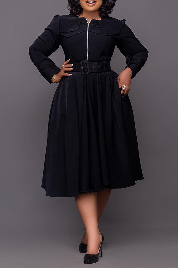 Elegant Half-Zip Belted Ruffle Hem Dress