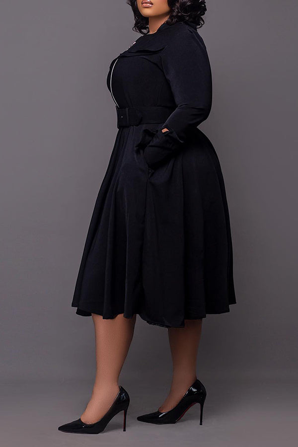 Elegant Half-Zip Belted Ruffle Hem Dress