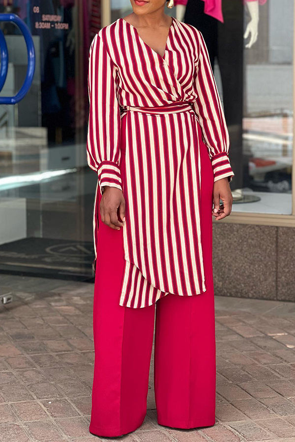 Classic Striped Belted Surplice Neck Pants Set