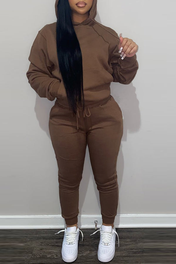 Solid Color Hooded Drawstring Sweatsuits