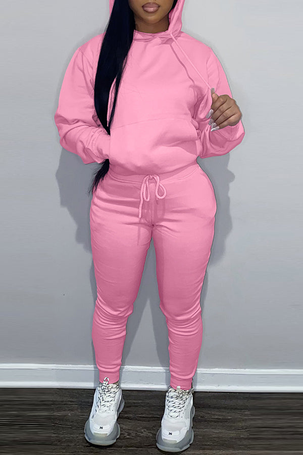 Solid Color Hooded Drawstring Sweatsuits