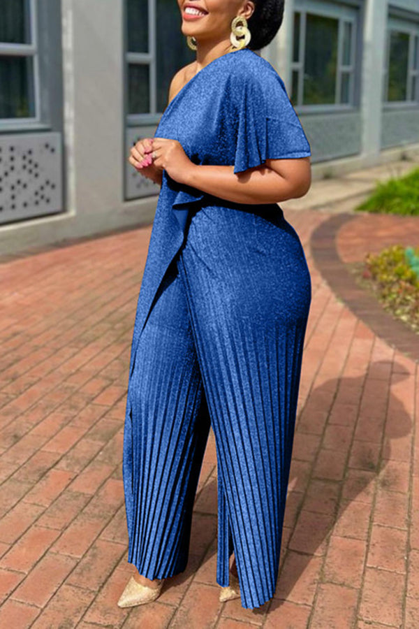 One Shoulder Glitter Pleated Jumpsuit