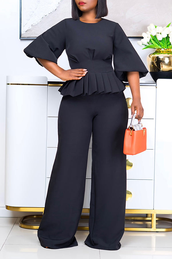 Pleated Panel Top & Wide-Leg Pants Set