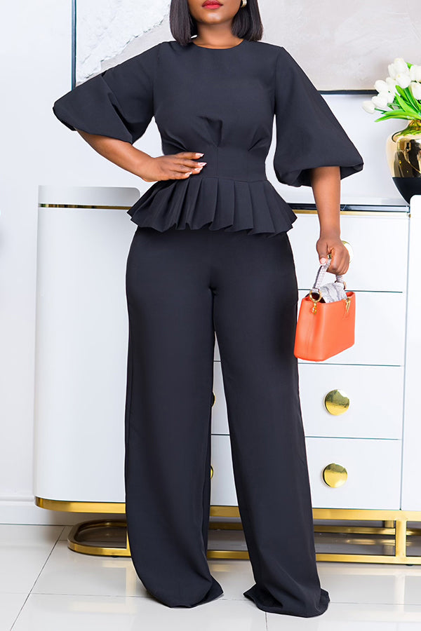 Pleated Panel Top & Wide-Leg Pants Set