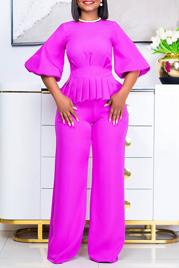 Pleated Panel Top & Wide-Leg Pants Set