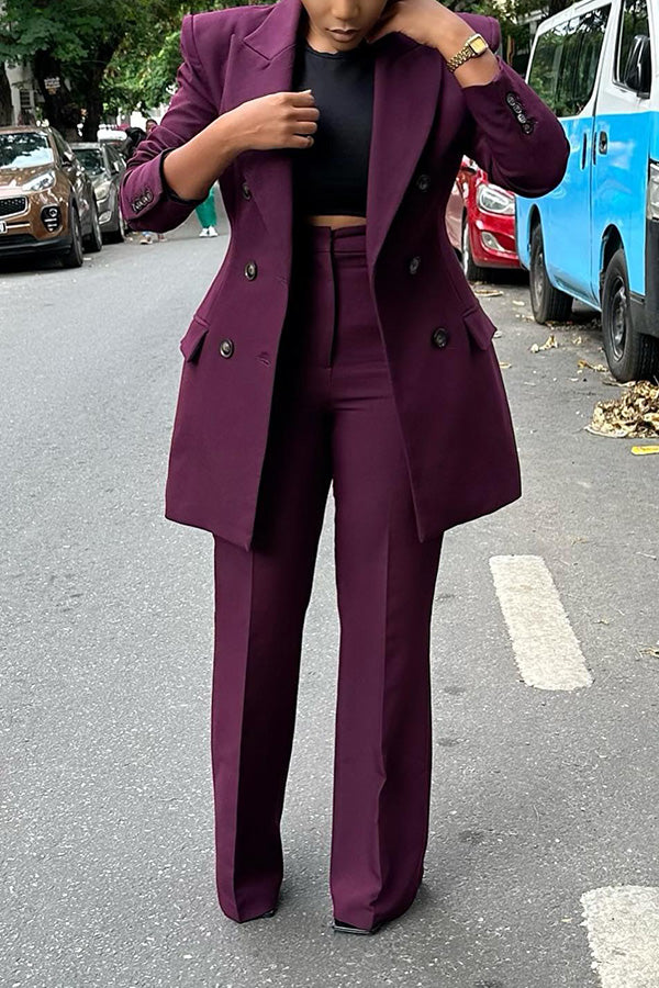 Casual Solid Double Breasted Blazer & Pants Set