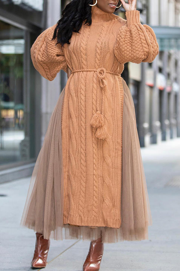 Elegant Turtleneck Cable Knit Dress & Skirt Set