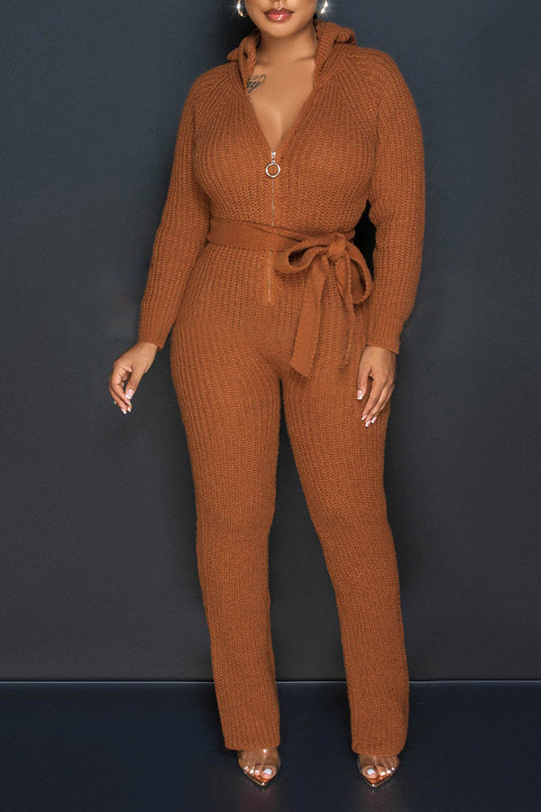 Ribbed Knit Zip Front Belted Hooded Jumpsuit