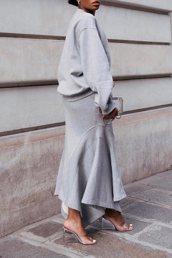 V Neck Sweatshirt & Asymmetrical Hem Skirt Set