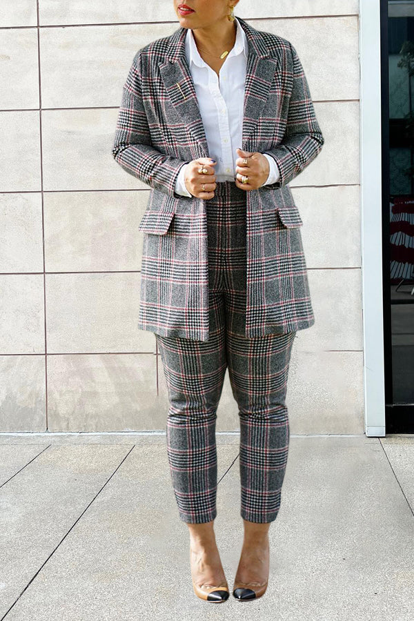 Classic Plaid Peak Collar Blazer & Pants Set