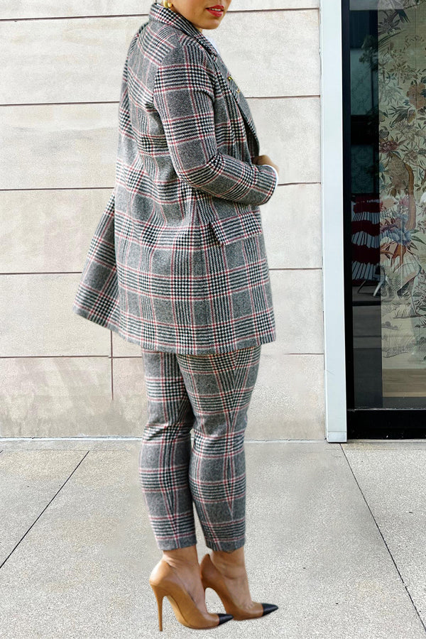 Classic Plaid Peak Collar Blazer & Pants Set