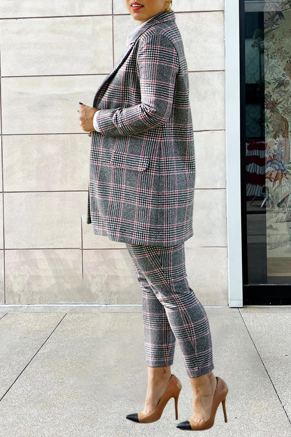 Classic Plaid Peak Collar Blazer & Pants Set