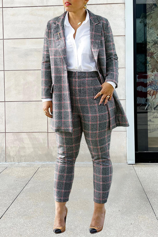 Classic Plaid Peak Collar Blazer & Pants Set