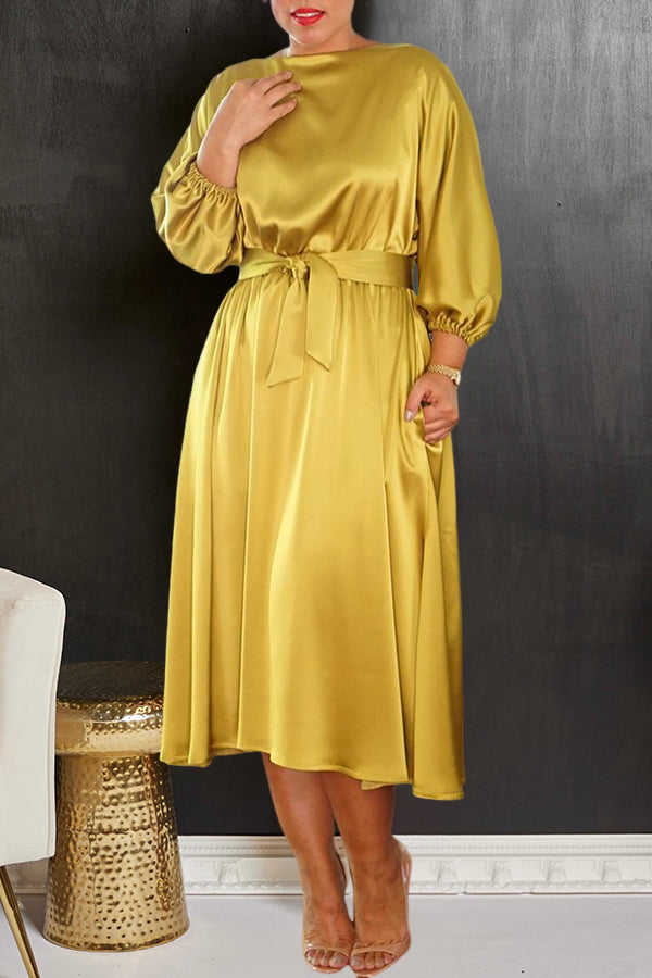 Satin Lantern Sleeve Dress With Belt