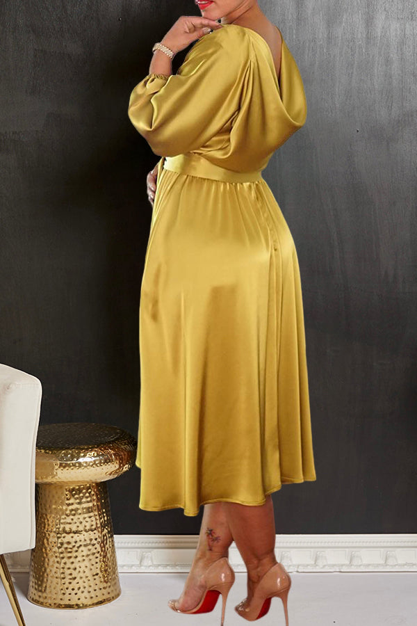 Satin Lantern Sleeve Dress With Belt