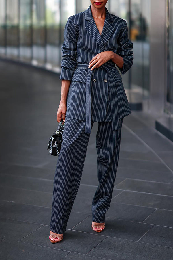 Stylish Striped Flap Pocket Belt Blazer & Pants Set 
