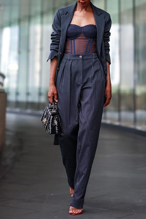 Stylish Striped Flap Pocket Belt Blazer & Pants Set 