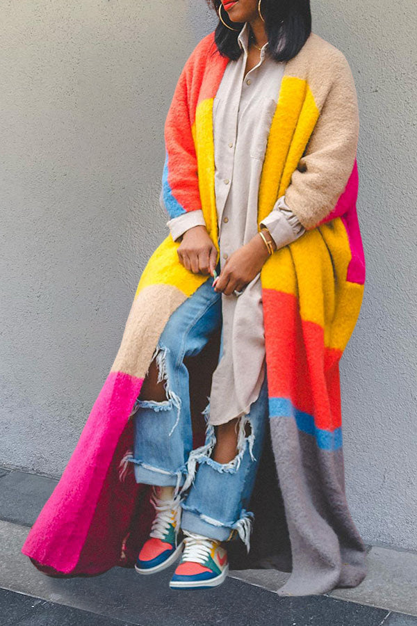 Colourful Colorblock Drop Shoulder Knit Cardigan