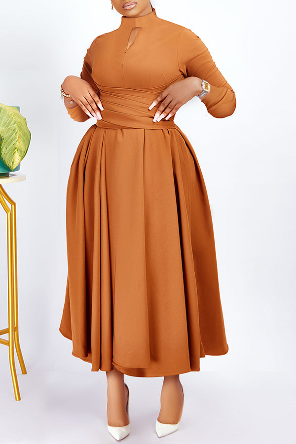 Elegant Mock Neck Cross Belt Fit & Flare Dress