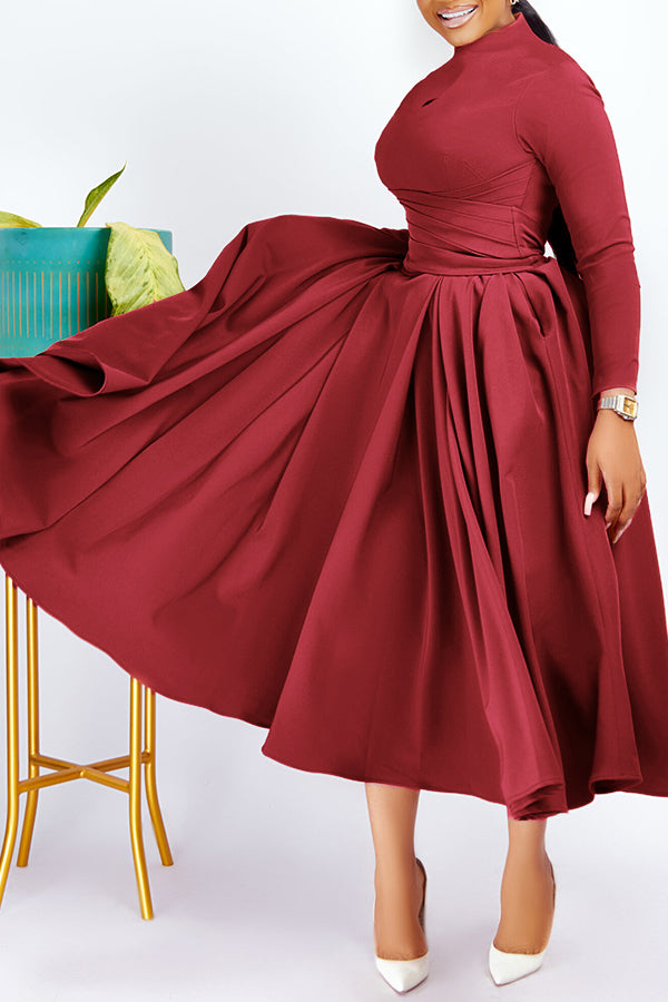 Elegant Mock Neck Cross Belt Fit & Flare Dress