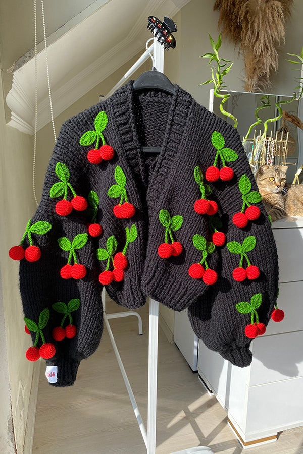 3D Crochet Cherry Open Front Knit Cardigan