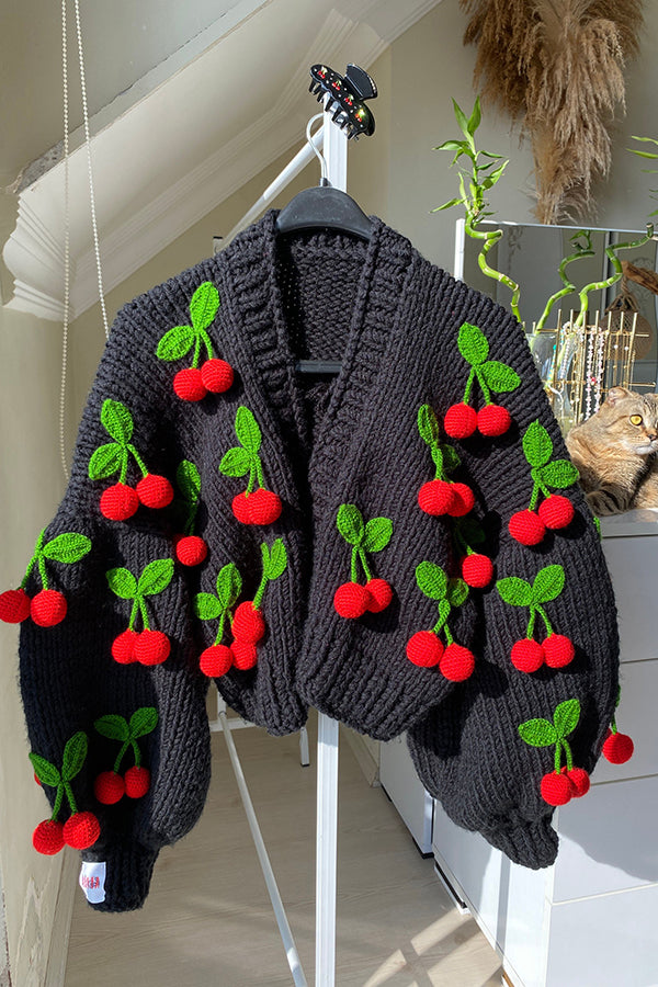 3D Crochet Cherry Open Front Knit Cardigan