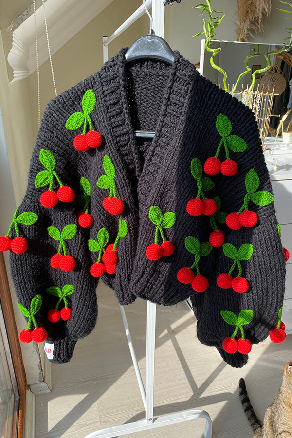 3D Crochet Cherry Open Front Knit Cardigan