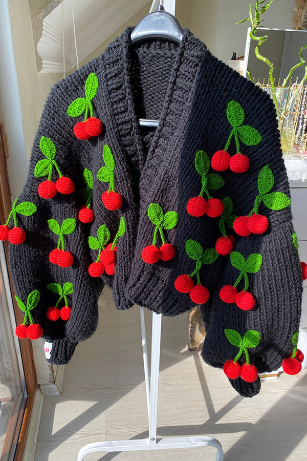 3D Crochet Cherry Open Front Knit Cardigan