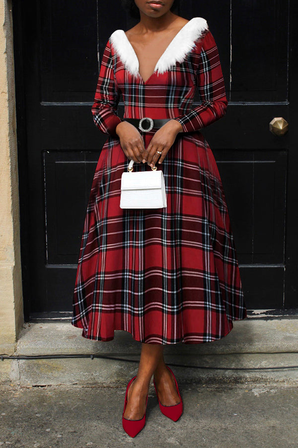 Fuzzy Trim Plaid Ruched Maxi Dress