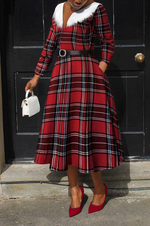 Fuzzy Trim Plaid Ruched Maxi Dress