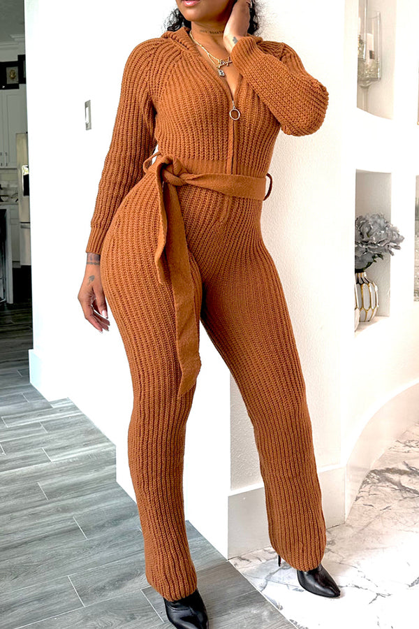  Cozy Zipper Hoodie Waffle Knit Jumpsuit