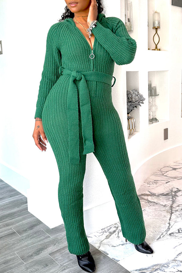  Cozy Zipper Hoodie Waffle Knit Jumpsuit