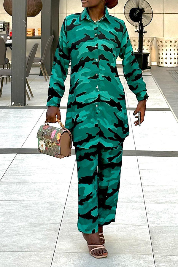 Camo Print Longline Shirt & Pants Set