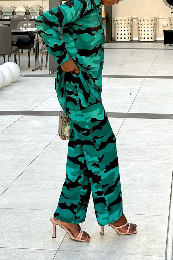 Camo Print Longline Shirt & Pants Set