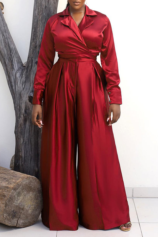 Chic Lapel Wrap Blouse & Wide Leg Pants Set