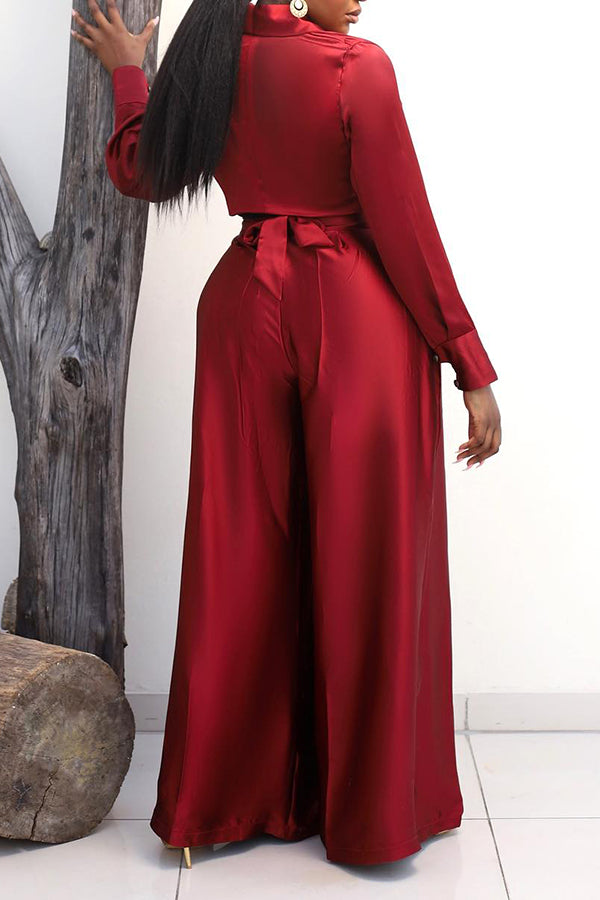 Chic Lapel Wrap Blouse & Wide Leg Pants Set