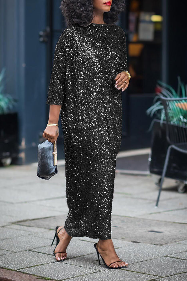 Glittery Sequin Drop Shoulder Maxi Dress